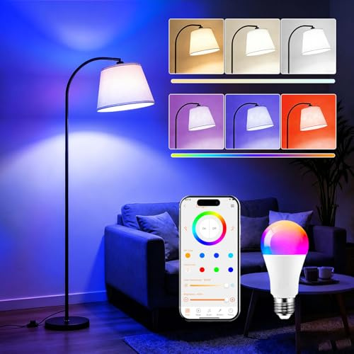 Intelligente LED Stehlampe Wohnzimmer Dimmbar RGB mit Fußschalter und App-Steuerung, 170cm Moderne Bogenlampe mit Glühbirne, 16 Millionen Farben, 2700K-6000K, CRI92, 10W 1200LM für Schlafzimmer & Büro