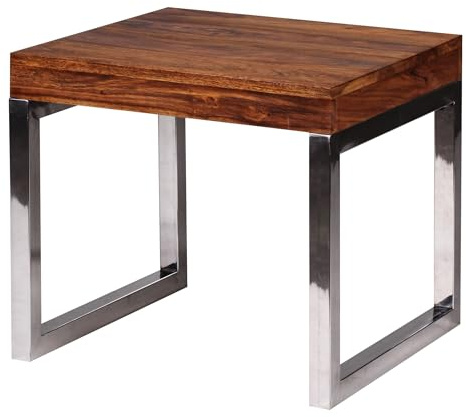 FineBuy Couchtisch 45x45x40 cm Sheesham Massivholz mit Chrom Gestell | Wohnzimmertisch quadratisch, kleiner Sofatisch mit Metallrahmen, Beistelltisch Echtholz handgefertigt, Unikat