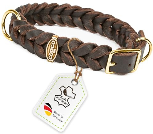 CopcoPet Hundehalsband aus Fettleder 40–44 cm x 15mm Braun – Geflochtenes Lederhalsband – Messing mit Dornschließe – Robust & verstellbar – Für mittelgroße Hunde, ideal für Alltag & Training
