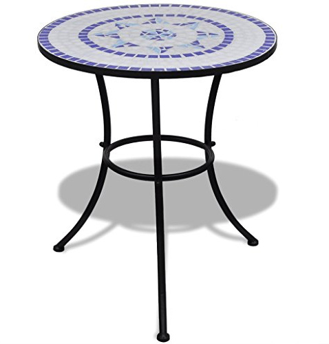 Anself Mosaiktisch Gartentisch Beistelltisch Rund Blau und Weiß 60 cm