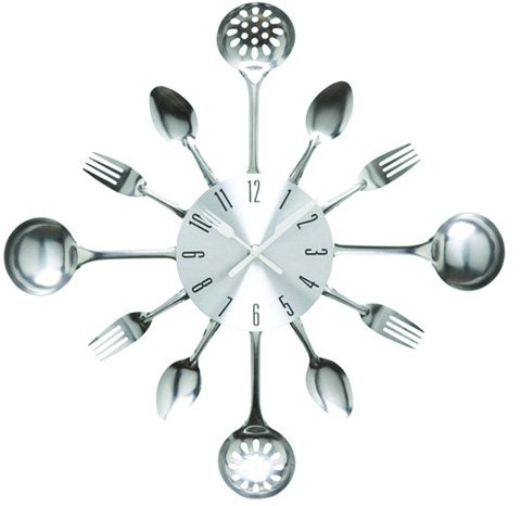 Timelike 16Inch Küchenutensilien Uhr für Küche Déco Indoor und Outdoor, Küche Besteck Wanduhr mit getönten Gabeln, Löffel, Spatel，Heimdekoration Silber
