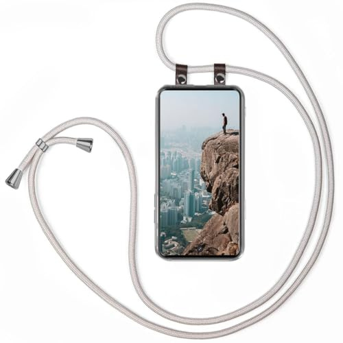 moex Handykette für Samsung Galaxy A51 Hülle mit Band abnehmbar, Handyhülle mit Kette zum Umhängen, Handyband 155 cm lang Stoff Kordel Umhängehülle, Handy Umhängeband, Silber