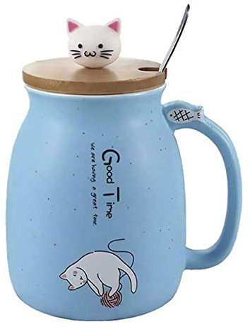 Sharemee - Tasse en céramique de chat mignon avec cuillère et couvercle en bois de chat tridimensionnel, tasse à café, tasse à thé, tasse à lait pour le cadeau, bleu 450ml/15oz
