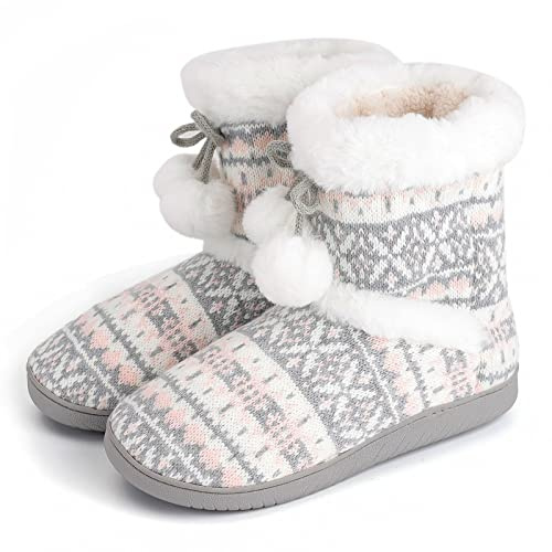AONEGOLD Tofflor Kvinnor Män Vinter Stickad Varm Plysch Minnesskum Stövlar Bekväma Mjuka Halkfria Hushållstofflor, Rosa Grå, 37/38 EU