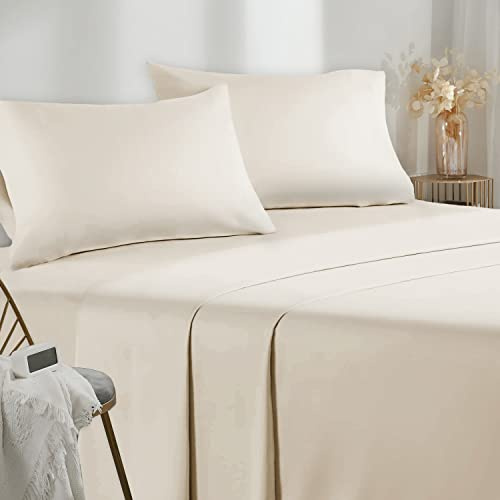 Poligino Sabanas Cama 120 - Juego Sábanas 3 Piezas - Sábanas Bajera Ajustable - Encimera - 1 Funda de Almohada 50x80 (Cama 120-120x190/200 cm, Beige)