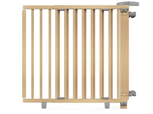 Geuther Treppenschutzgitter Oris | Türschutzgitter zum Anschrauben inkl. 2X Klemmen für Treppengeländer, Breite 67-95 cm | Stabiles Türgitter mit Schwenktür | Kindergitter Holz, Naturbelassen