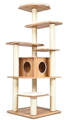 COSTWAY 175cm Kratzbaum Holz, 6-stufiger Katzenkratzbaum Groß, Katzen Spielhaus mit Höhle und 5 Matten, Aktivitätsbaum Katzenmöbel Kletterbaum Katzenhaus, Katzenbaum Beige+Natur