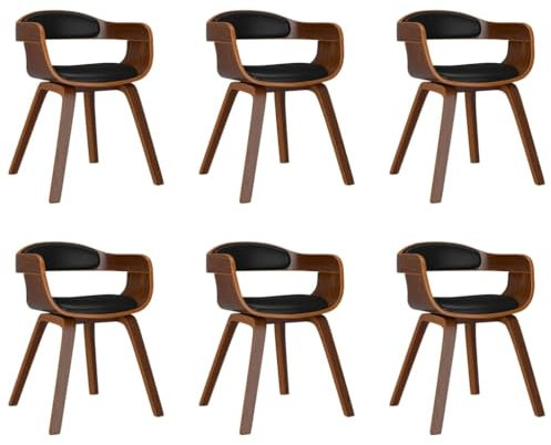 vidaXL Sillas de Comedor 6 uds, Sillas Auxiliares, Muebles de Comedor, Asientos para Cocina Salón Hogar, Cuero Sintético y Madera Curvada Negro