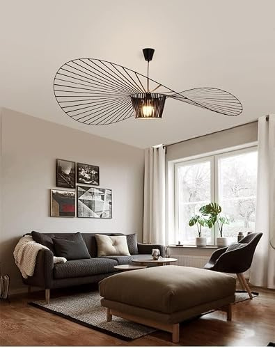 Qiaomao Vertigo Lampe Schwarz 120cm Pendelleuchte Wohnzimmer, E27 LED Kronleuchter Retro, Glasfiberstahl + Polyurethan Vintage Hut Hängeleuchte, Modern Höhenverstellbar