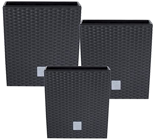 botle Set 3X Pflanztöpfe Blumentopf Einsatz Rattan Trapez H 26+32+40 cm Anthrazit mit Pflanzeinsatz Quadrat