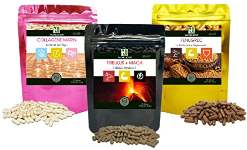 Fit Pack NAKURU/Tribulus-Maca 90 Gélules/Collagène Marin 90 Gélules/Fenugrec 120 Gélules/Fabriqué en France / La Puissance par les Plantes !