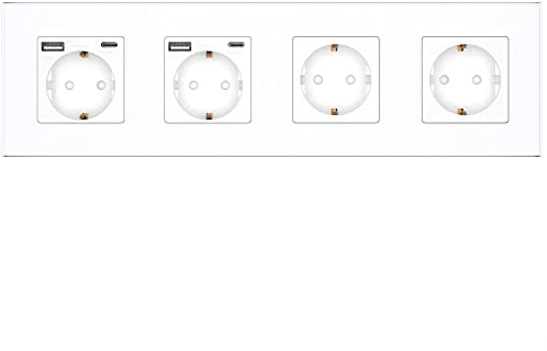 PULSAR Steckdose Unterputz mit USB-C, A 4-Fach Weiß Glas - Dose mit 20W Schnellladegerät 16A mit Kindersicherung 299x86mm