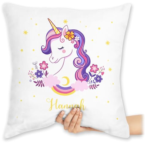 Kissen 40x40 Zierkissen - Einhorn Geschenk Einhörner I Unicorn - 40 x 40 cm - Weiß - einhornkissen Unicorns turnsackerl mädchen Einhorn-Kissen einhörnern Name kuschelkissen personalisierter with
