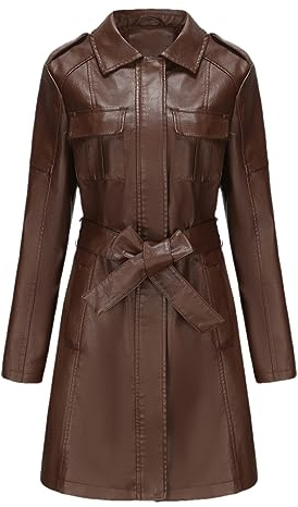 Veste Longue Femme Simili Cuir Trench Femme Avec Ceinture Survêtement Femme Noir Rouge Marron Manteau Dark Brown EUR M