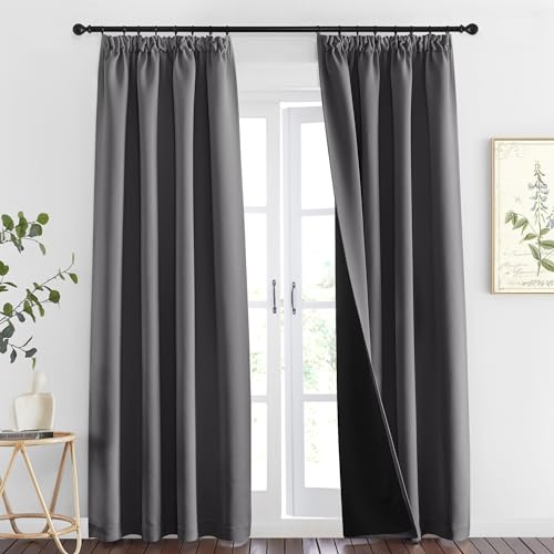 PONY DANCE Graue Vorhänge Blickdicht Schiene Thermo Gardinen Hitzeschutz | H260 x B140 cm, Verdunkelung, mit Kräuselband, Doppellagig, Dick, Schwer, für Schlafzimmer Wohnzimmer Kinderzimmer, 2er Set