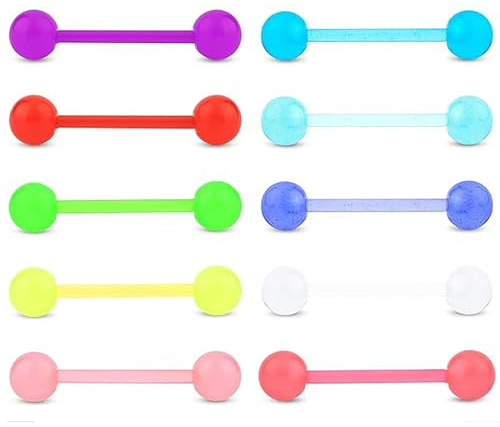 Ryaupy 10PCS Colorful Flessibile Plastica Lingua Capezzolo Stud - Set per Piercing alla Lingua - Barbell Piercing Corpo Jewelry