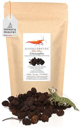 GARNELEN4YOU® Erlenzapfen – natürliche Wasseraufbereitung & Langzeitfuttermittel – Alder Cones für Garnelen, Krebse, Schnecken & Fische – Made in Germany - (75 g - ca. 175 Stück)