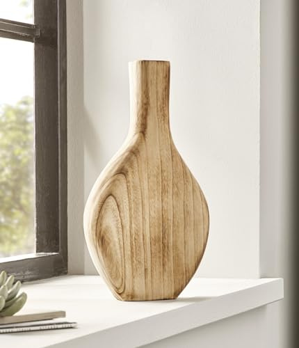 Vase décoratif Wood, Plat, en Bois Naturel de Paulownia, Hauteur 34 cm, Vase pour Fleurs séchées, Vase en Bois, Vase de Table
