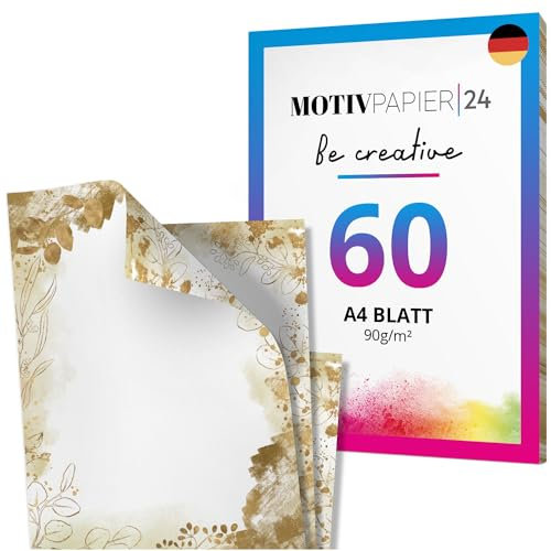 60 Blatt Boho Goldoptik Briefpapier Set beidseitig bedruckt Motivpapier Papier A4 Druckerpapier 90g/m²