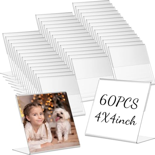 Soaoo 60 Pcs Acrylic Photo Frames 4 x 4 Inch Clear Picture Frames Slant Back Plastic Booth L Shaped Photo Stand Horizontal Small Sign Holder Name Display Stand with Insert for Home Office