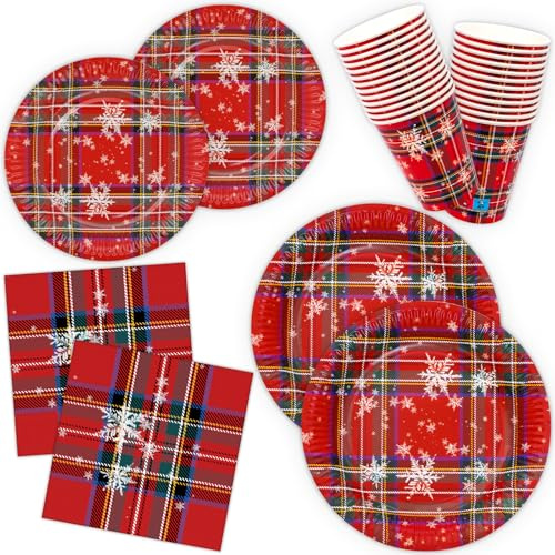 HNH Piatti, Tovaglioli e Bicchieri di carta Natale Rosso scozzese 100 pezzi Piatti di carta da dessert usa e getta Set di Stoviglie monouso per feste