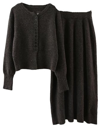 2-teiliges Pullover-Set, einreihige Strickjacken, Damen, A-Linie, Röcke, Strickset, coffee, Einheitsgröße