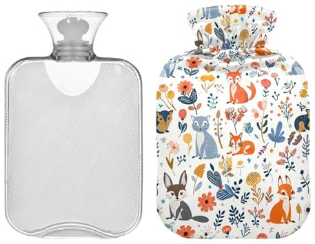 Woodland Animals Fuchs und Blumen, klassische Wärmflasche mit Bezug, 1 l, Wärmbeutel für Menstruationskrämpfe, Nacken, Schulter, Rückenschmerzen