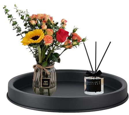 WNYDTSOG Deko-Tablett rund schwarz, Serviertablett aus Metall, Küchentablett, Kerzenteller, Frühstückstablett, Dekotablett,Servierplatte,geeignet für Küchen, Cafés und Restaurants