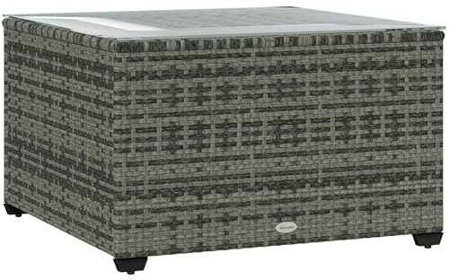 Outsunny Outdoor Coffee Table, Square PE Rattan 60 x 62 x 38cm Light Grey | Tempered Glass Top, Wicker Garden Coffee End Table, Steel Frame, Patio, Balcony