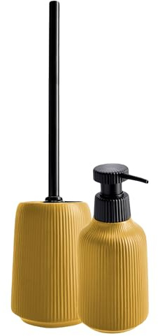 KADAX Badezimmer Zubehör Set, Modernes Badzubehör, Badaccessoires aus Keramik, Bad Accessoires (Gelb: Seifenspender, WC-Bürste)