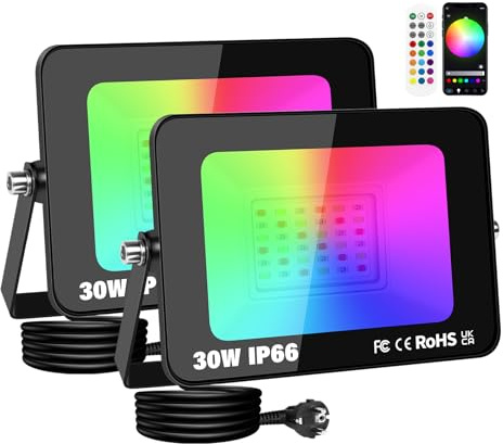 RIGIDON 2 x Foco LED Exterior RGB, 30W 3000LM foco inteligente LED con APP control, Proyector LED Cambio de Color Impermeable IP66 Luz de Inundación con Enchufe para Fiesta, Terraza, Jardin