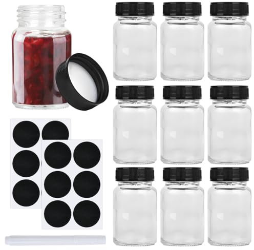 TIMESETL 10 Botes Cristal Pequeños 60 ml Botellas Pequeñas de Cristal con Boca Ancha, Botella de Vidrio Pequeña, Ginger Shot Bottle, Mini Botella de Yogur, Botes Herméticos con Etiquetas y Bolígrafo