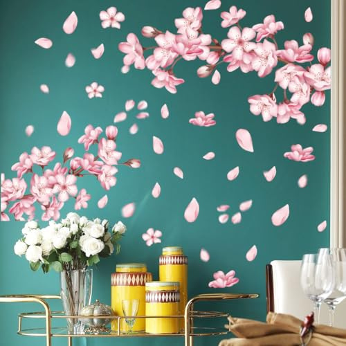 Fufuquare Rosa Pfirsichblüte Wandtattoo Romantische Botanische Blume Entfernbare Wandaufkleber für Heim Schlafzimmer und Wohnzimmer Dekoration