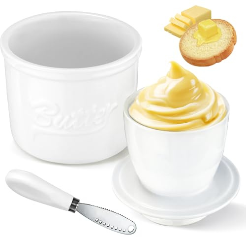 Mantequera Francesa con Tapa, Mantequera de Porcelana con un Cuchillo de Mantequilla, Tarro de Mantequilla de Cerámica para Mantequilla Fresca, Mantequillera Enfriada por Agua, Blanco