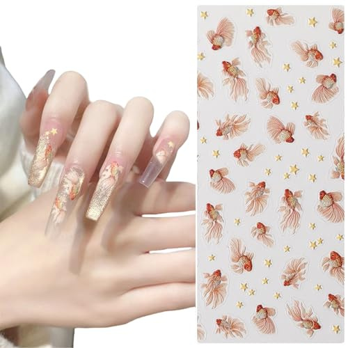 TELAIN 5D Sticker de Soulagement des Ongles, Design de Poisson Rouge en Style Chinois, Autocollants d'Ongles Koi, Décoration Manucure pour Femmes et Filles, Accessoires DIY, 1 Feuille