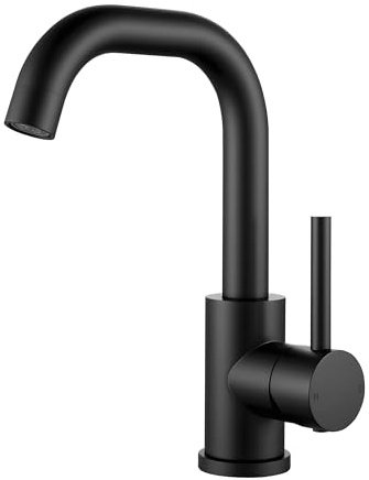Black Bathroom Sink Tap with 3/8'' Standard Hoses, 360° Swivel Spout Black Basin Taps for Small Kitchen or Bathroom, Matte Black, 3/8'' Hoses, Stainless Steel