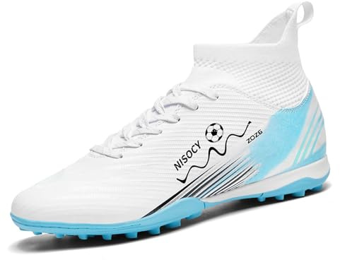NISOCY Soccer Shoes for Mens Womens Professional Cleats High-Top Athletic Turf Football Shoe Outdoor/Indoor Professional Futsal Football Training Sneaker White US 5.5