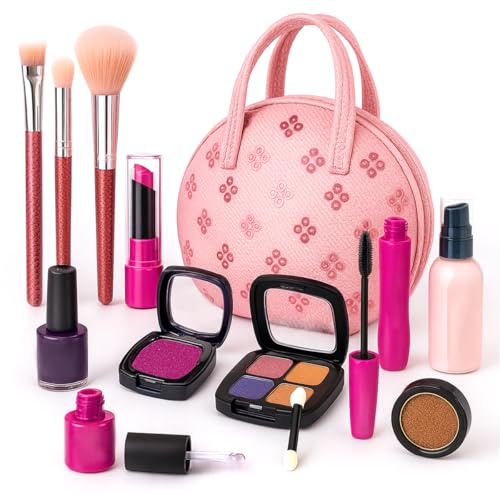 Toyana 12 PCs Kids Makeup Sets for Girls, Non Toxic Realistic Washable Make Up Kit, Safe Pretend Play Beauty Set, Dress Up Role Play Toy with Portable Makeup Bag Gift Playset for Children 3+ Years
