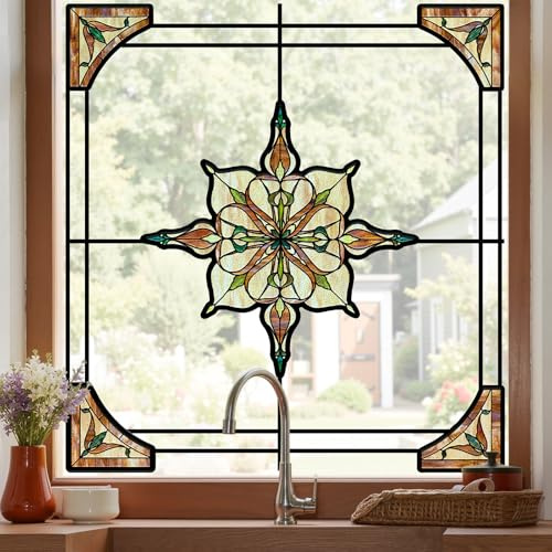 ADD.HERES Window Stickers, ‌Stained Glass Window Privacy Film, UV Blocking Static Cling for Home Kitchen Office Bathroom, Amber Starry Light, 11.81 X 15.75