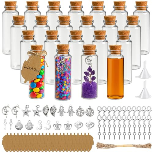 Ferenando 22 Pcs Botella de Vidrio Mini, 40ml Botes Cristal Pequeños con Etiquetas Colgantes y Pendientes, Botellas con Tapa de Corcho para Invitados Bodas, Decoración, Fiesta, Especias