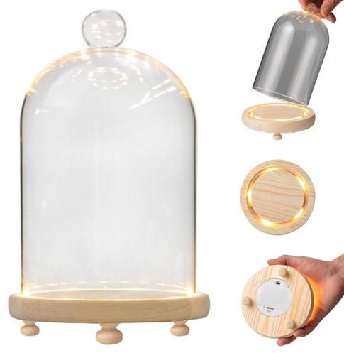 Gcroet Glass Dome with Base Minimalist Glass Display Dome, Battery-Powered Cloche with Illuminated Base, Flower Doll Figurine Collectible Cloche for Home Tabletop..