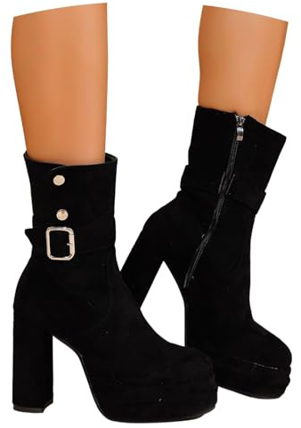 LDXEQIZ Stivaletti Chelsea da Donna Tacchi Alti in Pelle Scamosciata retrò Stivali Corti con Plateau E Cerniera Stivaletti Biker Autunno Inverno Scarpe alla Caviglia Calde E Antiscivolo(Black,38 EU)