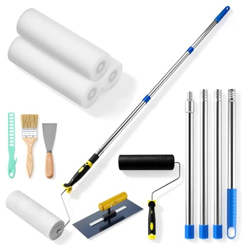 Paint Roller Set with Extension Detachable Pole Handle, Long Paint Roller Brush Kit with 3pcs 9Inch Roller Covers & Plastering Trowel, Household Wall Painting Tool for Painting Walls Ceiling Doors
