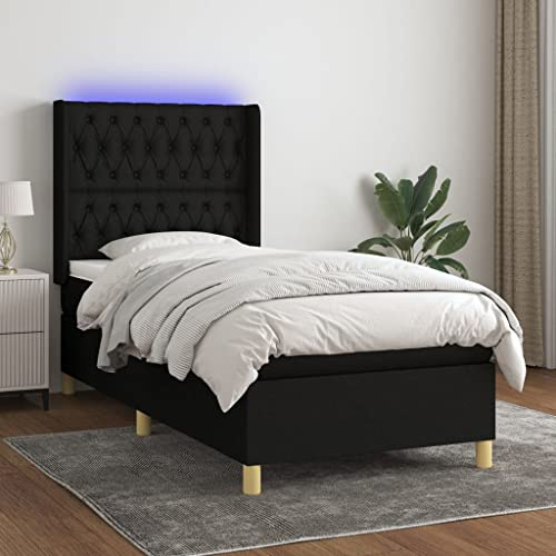 Tonture resårsäng med madrass och LED, svart, 80 x 200 cm, tygöverdrag, höjdjusterbar sänggavel, fickfjädermadrass, hudvänlig madrass för vilsam sömn