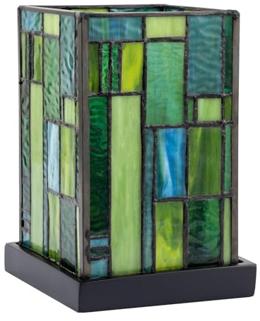 Happy Homewares Designer Art Deco Tiffany Glass Table Lamp in Light and Dark Green | 20cm x 13cm | Matte Black Resin Base with Inline Switch