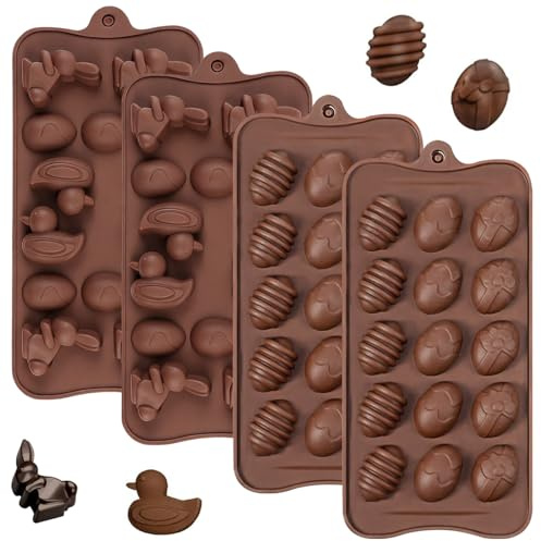 4PCS Easter Egg Chocolate Silicone Molds, Easter Egg and Bunny Silicone Molds, 15 Cavity Easter Silicone Chocolate Mould, Non-Stick Baking Moulds for DIY Candy Jelly