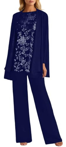 Generisch Hosenanzug Damen Chiffon Brautmutter Anzug Hochzeit Formelle Damenanzug Hosen Jacke und Shirt 3 Teilig Set Übergröße Langarm Businessanzug Arbeitsanzug