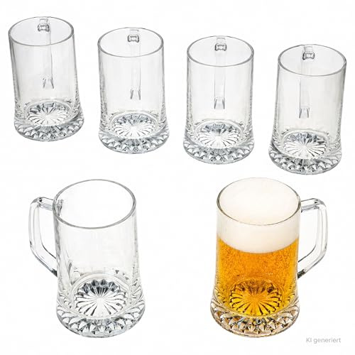 MamboCat Akki - Set di 6 boccali da birra da 0,5 l, altezza 15,2 cm, per 6 persone, in vetro con fondo a stella e manico, bicchieri da birra trasparenti da 500 ml, per feste