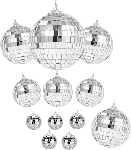 FuYelng 12 st hängboll, discokula, dekoration, 4 storlekar, med hängande ring | Återanvändbar Disco Deco för mini disco boll julgran bar kvällstema heminredning (2,3 cm 4 cm 6 cm 8 cm boll)
