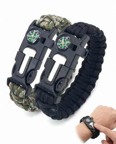 BTACGWP Pulsera de Supervivencia Paracord (2 uds, Negro/Camo) | Lib. Rápida, Brújula, Silbato, Abrelatas | Kit Emergencia Camping, Cuerda Resistente para Rescate Inmediato